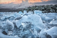 Glacial Ice on the Beach at Sunset